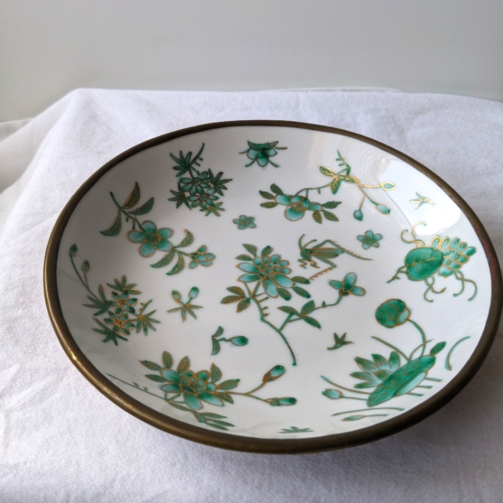 Green Floral Grasshopper White Japan Porcelain Bowl Gold Metal Casing Vintage